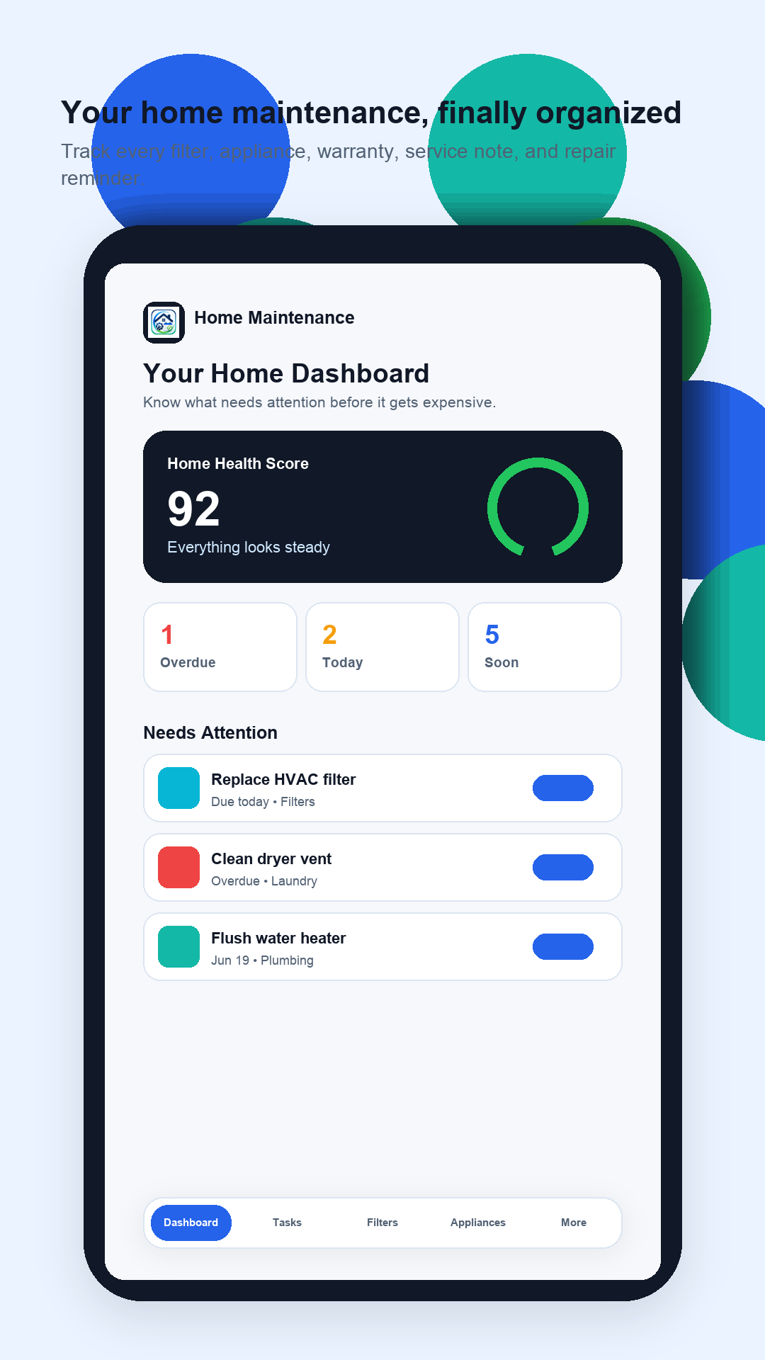 Home Maintenance Reminder dashboard screen